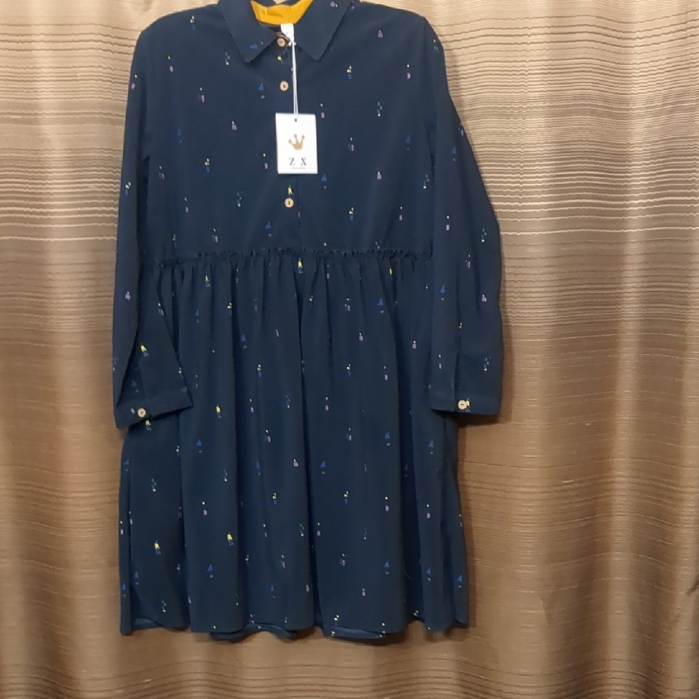 NWT Navy Long-Sleeve Girls' XXL Collared Dress with Tiny Multicolor Prints